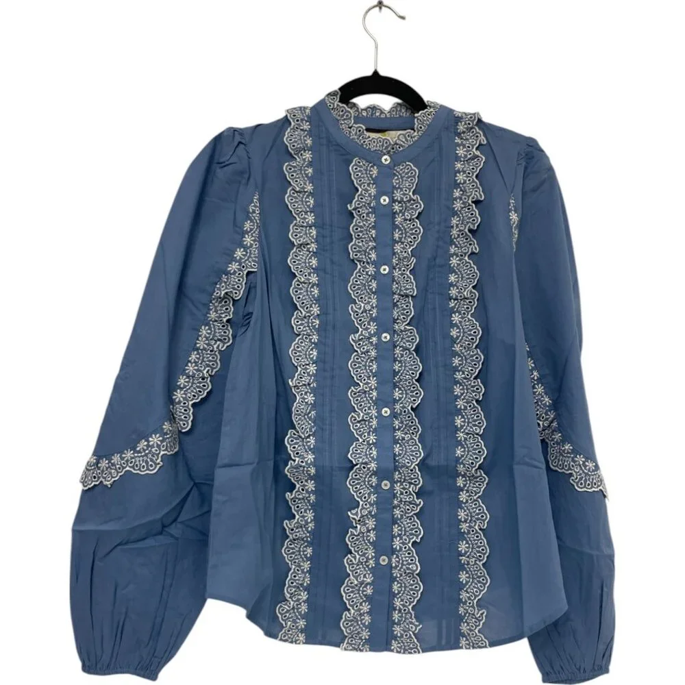 Boden Womens Top UK 14 US 10 Blue Ruffled Embroidered Floral Blouse T1021 NWT